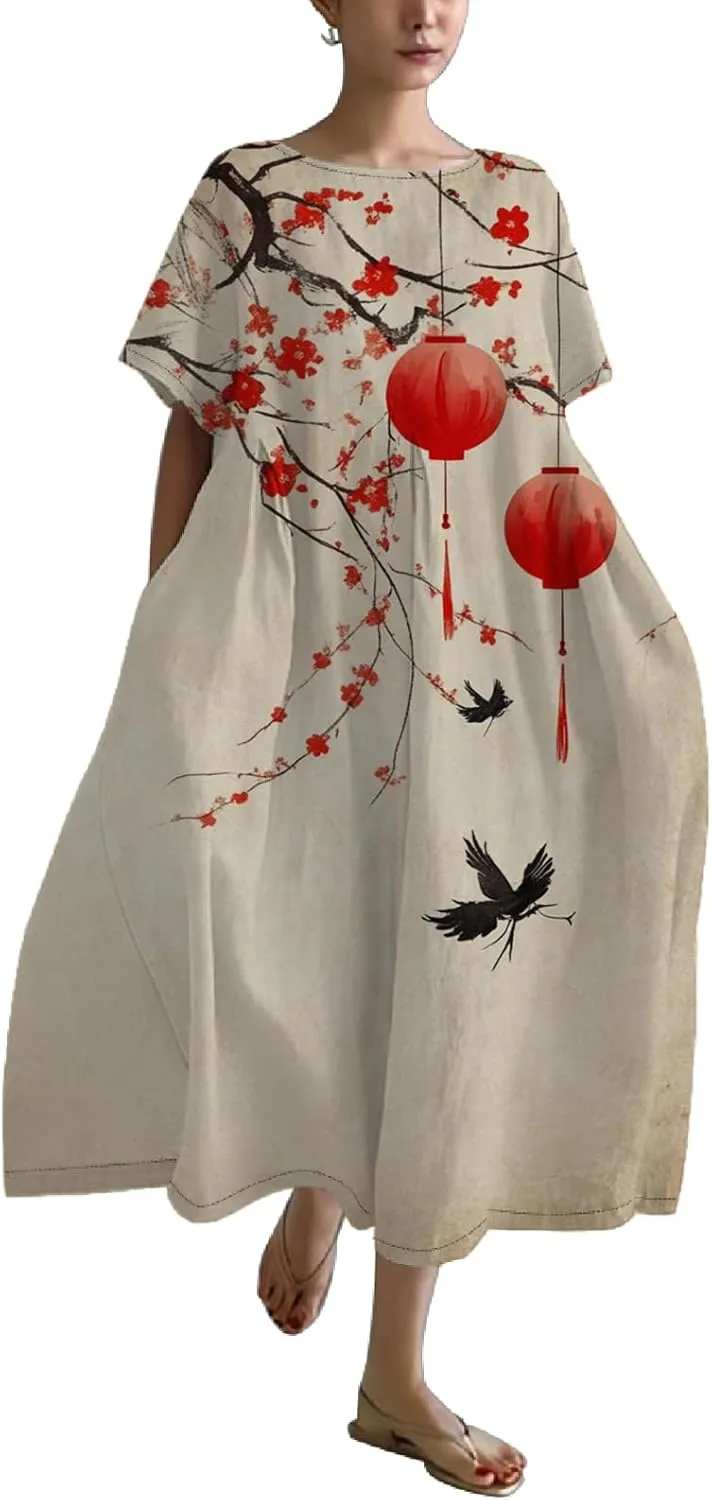 Women's Plus Size Boho Dress Novelty Cotton Maxi Dresses Japanese Art Summer Casual Loose Flowy A-line Midi Dress Trendy