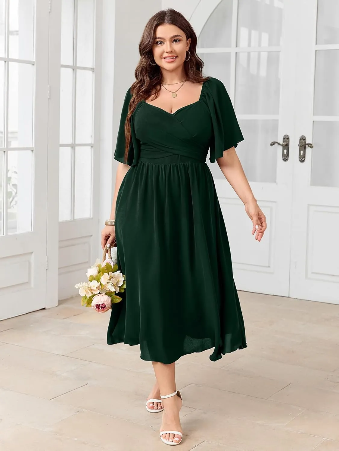 Women's Plus Size Midi Dress Sweetheart Neck Short Sleeve Wedding Guest Cocktail A Line Flowy Dress