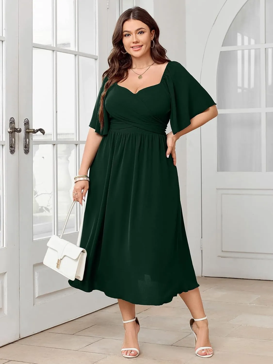 Women's Plus Size Midi Dress Sweetheart Neck Short Sleeve Wedding Guest Cocktail A Line Flowy Dress