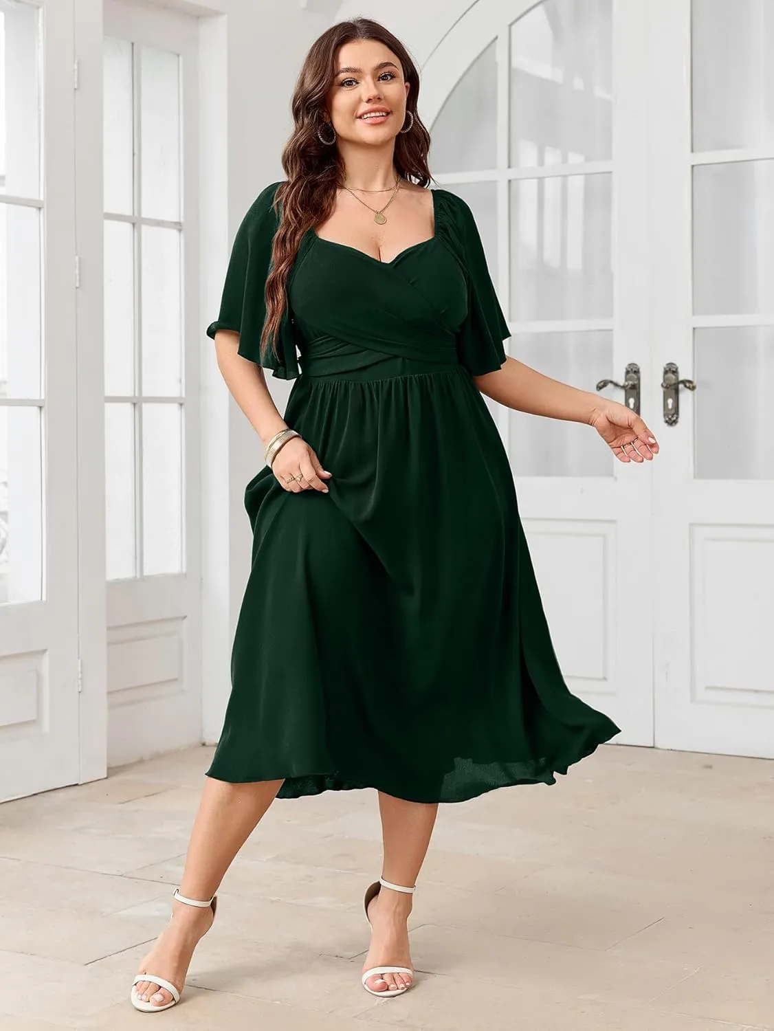 Women's Plus Size Midi Dress Sweetheart Neck Short Sleeve Wedding Guest Cocktail A Line Flowy Dress