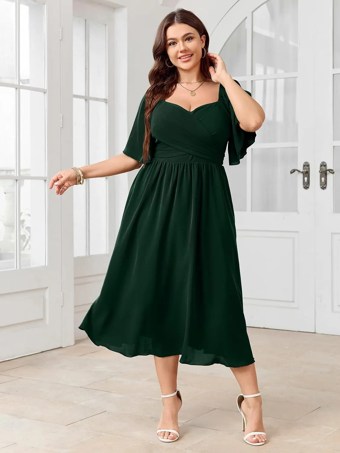 Women's Plus Size Midi Dress Sweetheart Neck Short Sleeve Wedding Guest Cocktail A Line Flowy Dress