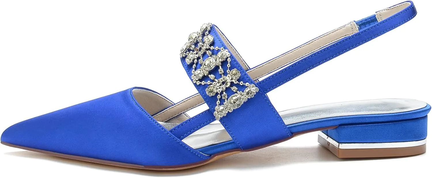 Womens Pointed Toe Wedding Flats Crystal Slingback Satin Prom Evening Bridal Party Dress Flats
