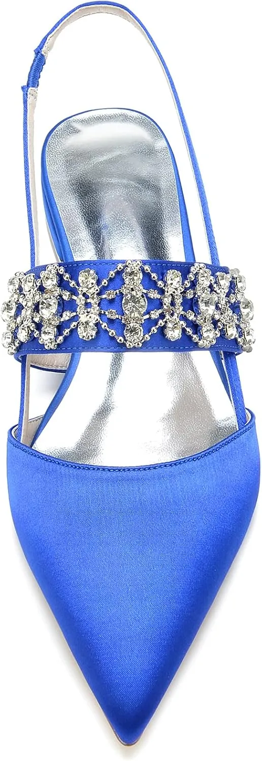 Womens Pointed Toe Wedding Flats Crystal Slingback Satin Prom Evening Bridal Party Dress Flats
