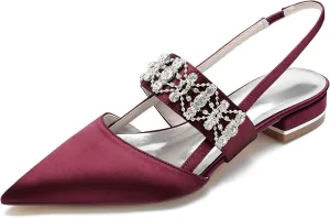 Womens Pointed Toe Wedding Flats Crystal Slingback Satin Prom Evening Bridal Party Dress Flats