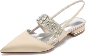 Womens Pointed Toe Wedding Flats Crystal Slingback Satin Prom Evening Bridal Party Dress Flats