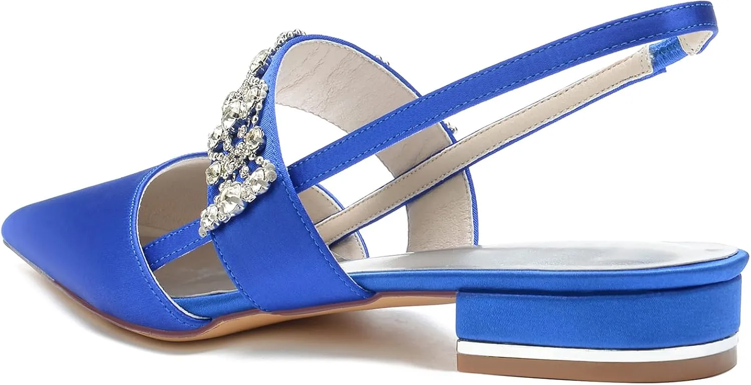Womens Pointed Toe Wedding Flats Crystal Slingback Satin Prom Evening Bridal Party Dress Flats