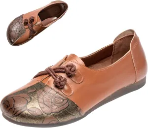 Women's Print Leather Slip-On Flats,Vintage Frog Button Lightweight Comfort Non-Slip Soft Dress Casual Walking Shoes