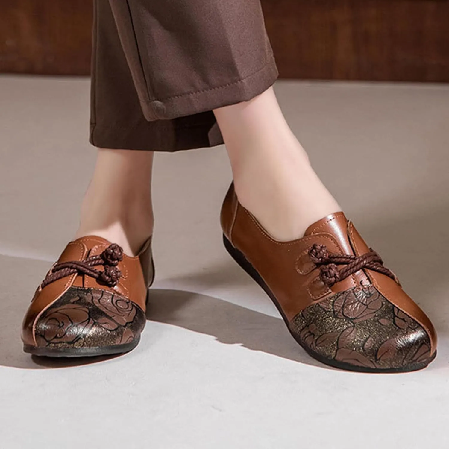 Women's Print Leather Slip-On Flats,Vintage Frog Button Lightweight Comfort Non-Slip Soft Dress Casual Walking Shoes