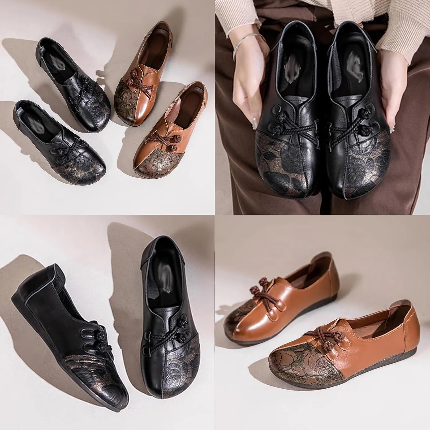 Women's Print Leather Slip-On Flats,Vintage Frog Button Lightweight Comfort Non-Slip Soft Dress Casual Walking Shoes