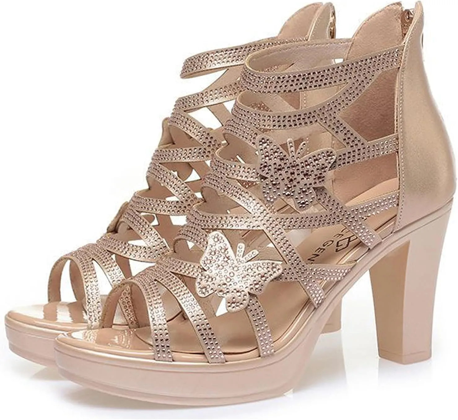 Women's Rhinestone Butterfly Hollow Out Heeled Roman Sandals with Back Zipper Open Toe Breathable Non-Slip Summer Dressy Bootie Sandals