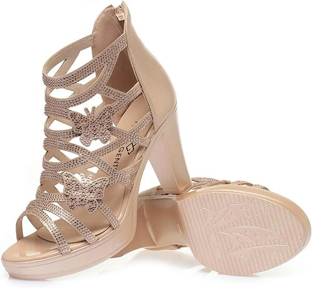 Women's Rhinestone Butterfly Hollow Out Heeled Roman Sandals with Back Zipper Open Toe Breathable Non-Slip Summer Dressy Bootie Sandals