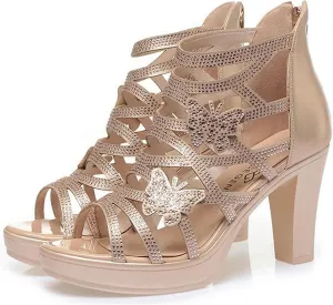 Women's Rhinestone Butterfly Hollow Out Heeled Roman Sandals with Back Zipper Open Toe Breathable Non-Slip Summer Dressy Bootie Sandals