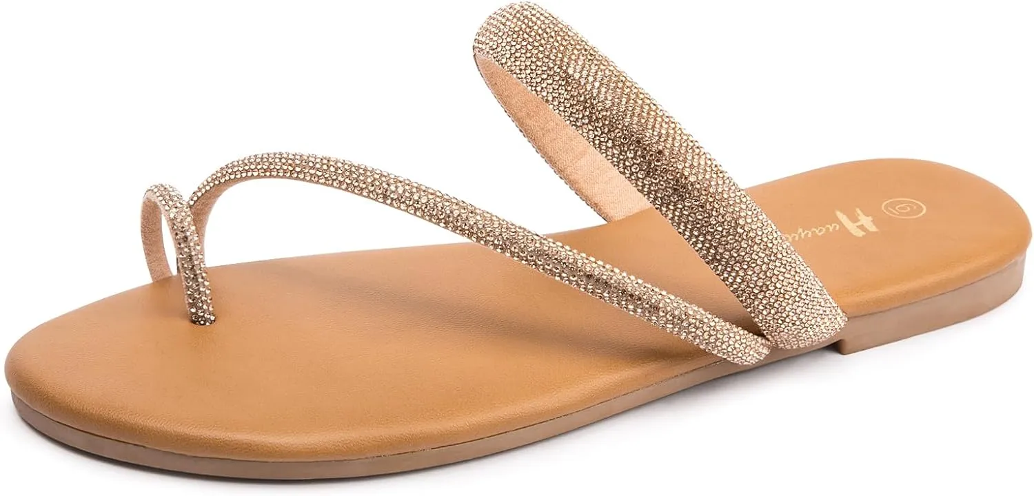 Women's Rhinestone Slide Sandals Slip On Flat Sandals Flip Flop Thong Sandals