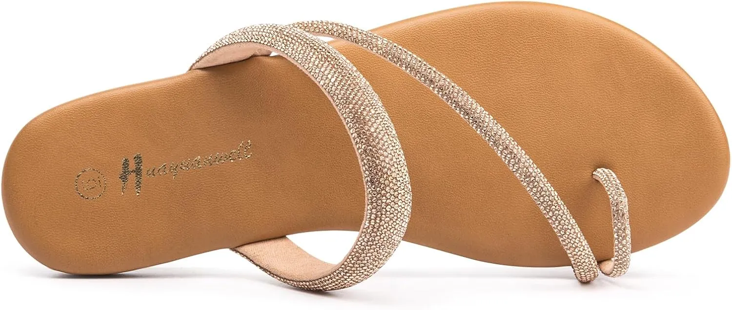 Women's Rhinestone Slide Sandals Slip On Flat Sandals Flip Flop Thong Sandals