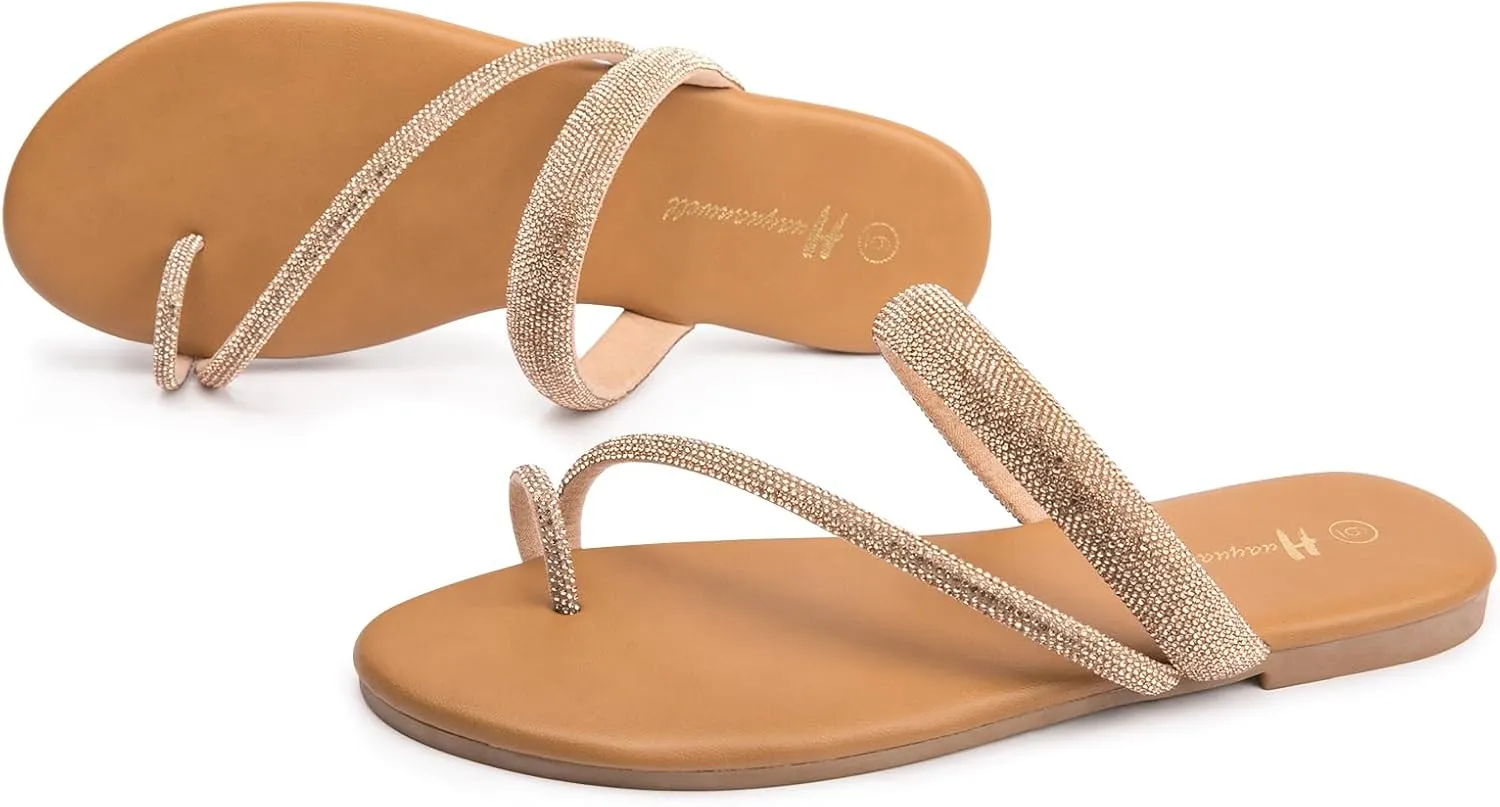 Women's Rhinestone Slide Sandals Slip On Flat Sandals Flip Flop Thong Sandals