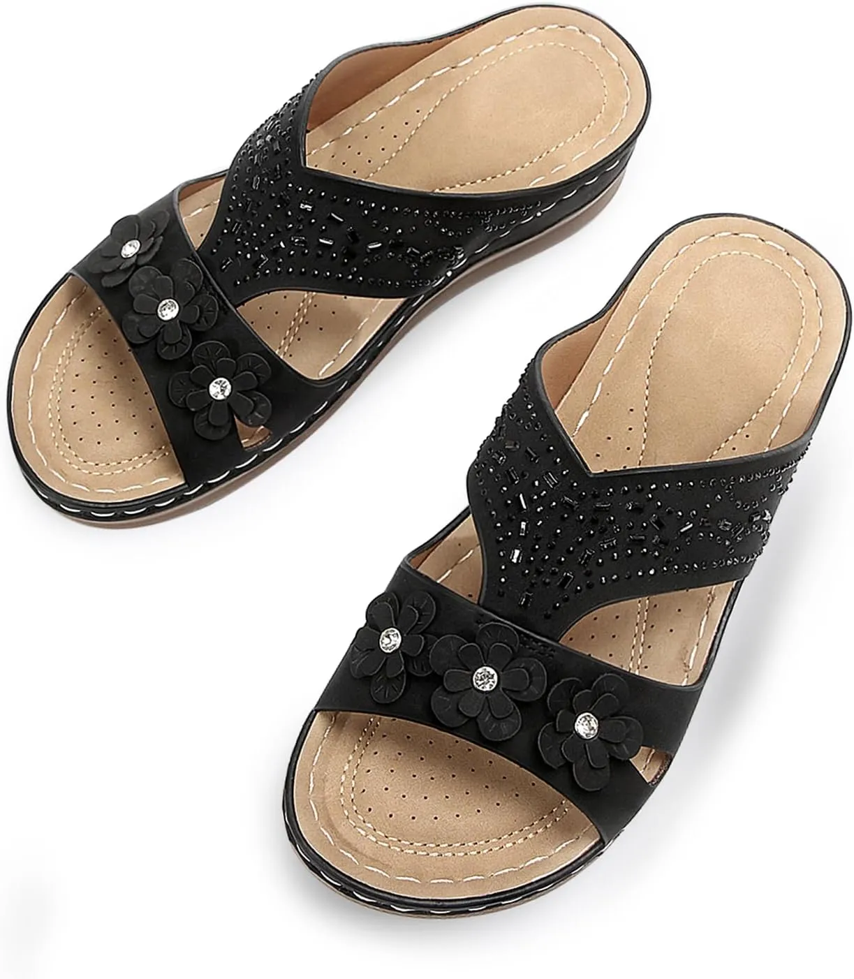 Women's Rhinestones Flowers Decor Hollow Out Lightweight Slides Sandals