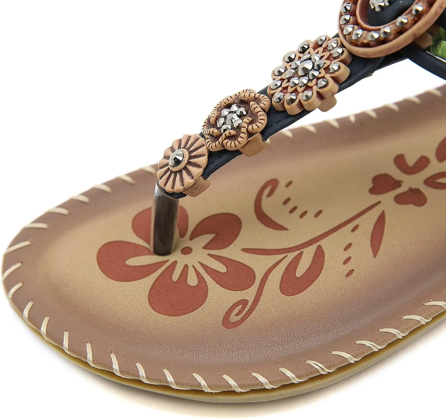 Womens Sandals Bohemia Flowers Sequins Dress Shoes Summer Flat Casual Ankle Strap Elastic Slip on Beach Sandal