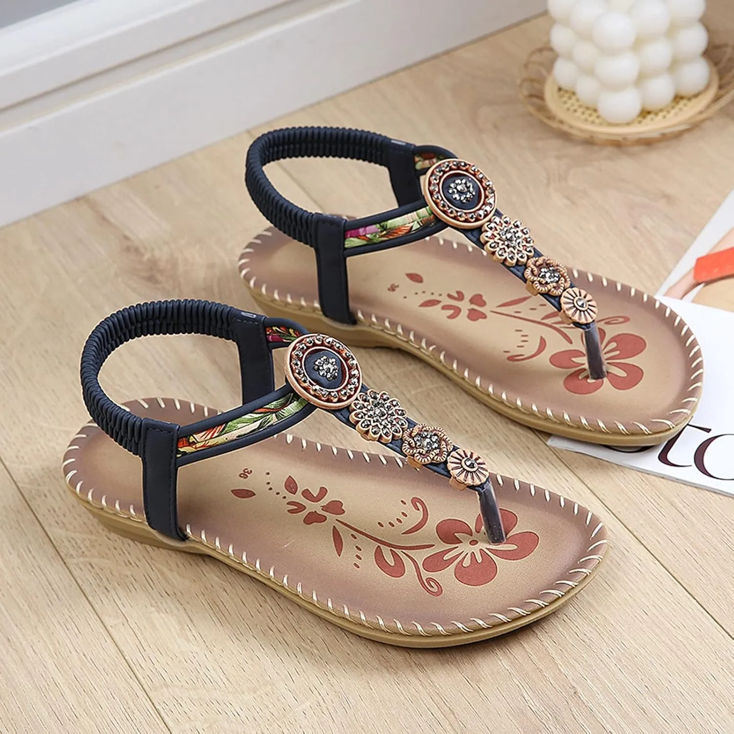 Womens Sandals Bohemia Flowers Sequins Dress Shoes Summer Flat Casual Ankle Strap Elastic Slip on Beach Sandal