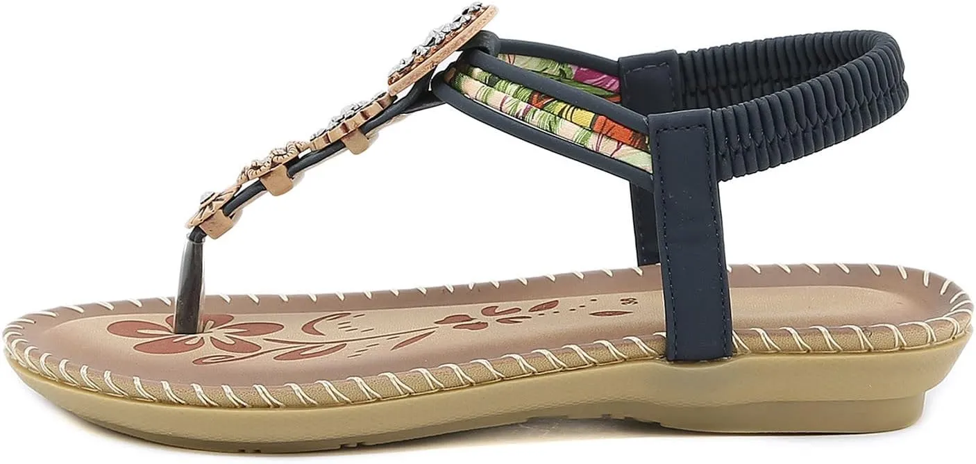 Womens Sandals Bohemia Flowers Sequins Dress Shoes Summer Flat Casual Ankle Strap Elastic Slip on Beach Sandal