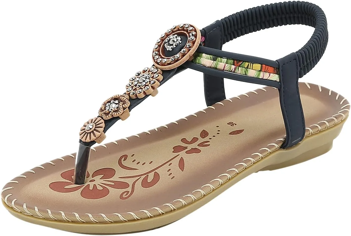 Womens Sandals Bohemia Flowers Sequins Dress Shoes Summer Flat Casual Ankle Strap Elastic Slip on Beach Sandal