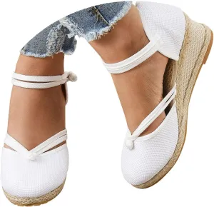 Womens Sandals Closed Toe Linen Wedge Sandals Buckle Ankle Strap Platform Comfortable Breathable Beach Sandals