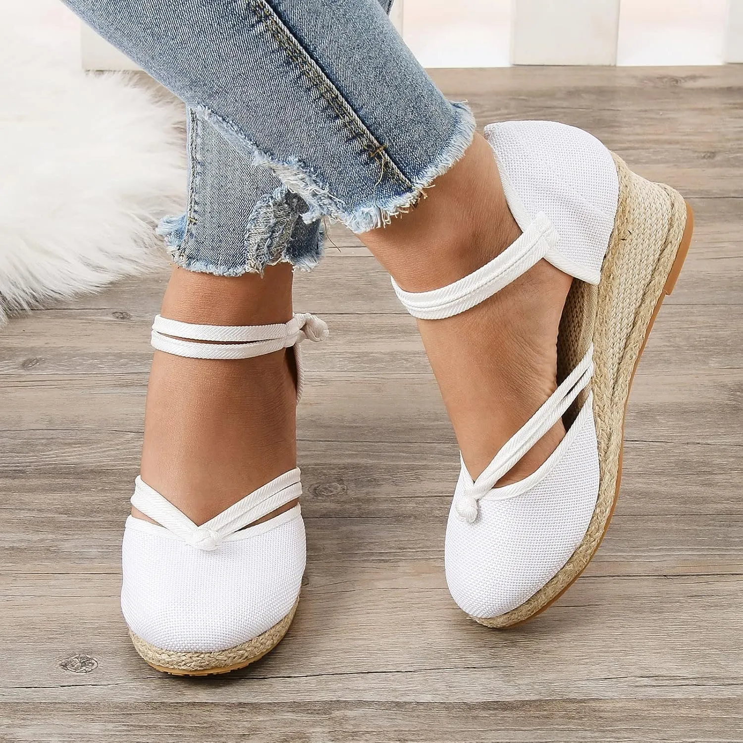 Womens Sandals Closed Toe Linen Wedge Sandals Buckle Ankle Strap Platform Comfortable Breathable Beach Sandals