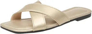 Womens Sandals Comfortable Wide Leather Crisscross Summer Square Toe Flat Slide Sandals(Gold,6)
