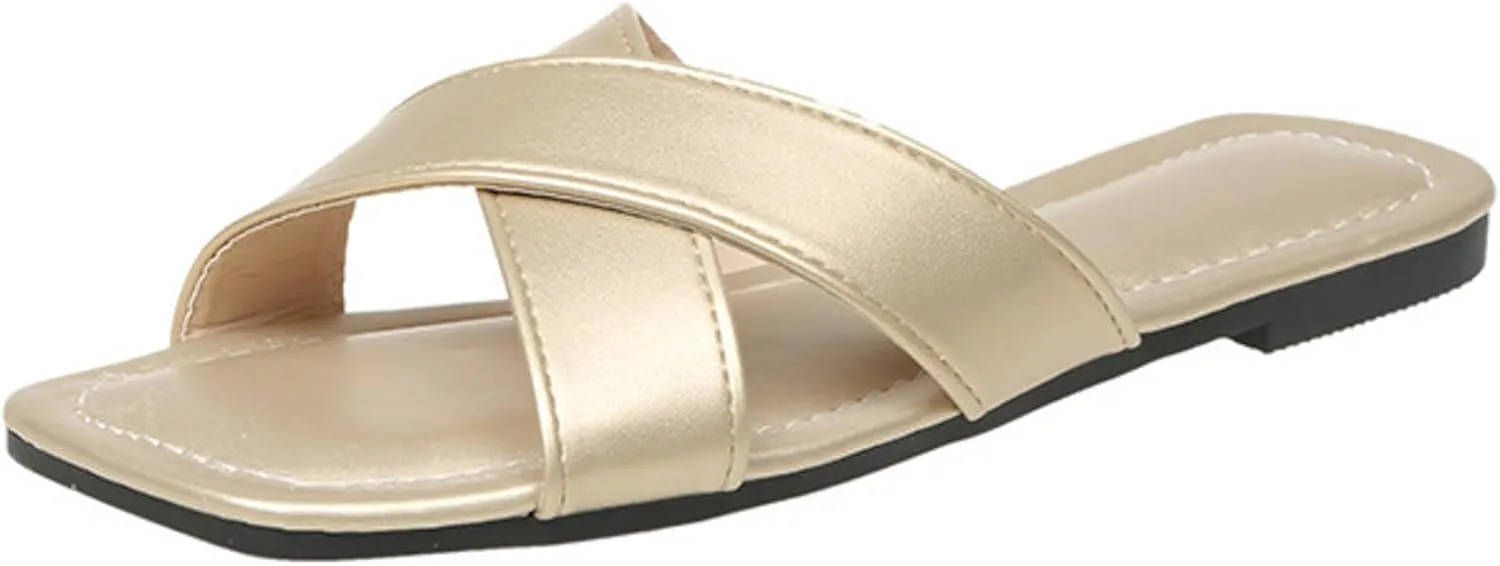 Womens Sandals Comfortable Wide Leather Crisscross Summer Square Toe Flat Slide Sandals(Gold,6)