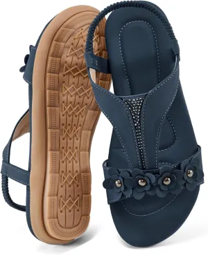 Womens Sandals Dressy Flats: Elastic Ankle Strap Comfortable Sandals for Women Open Toe Summer Walking Beach Flat