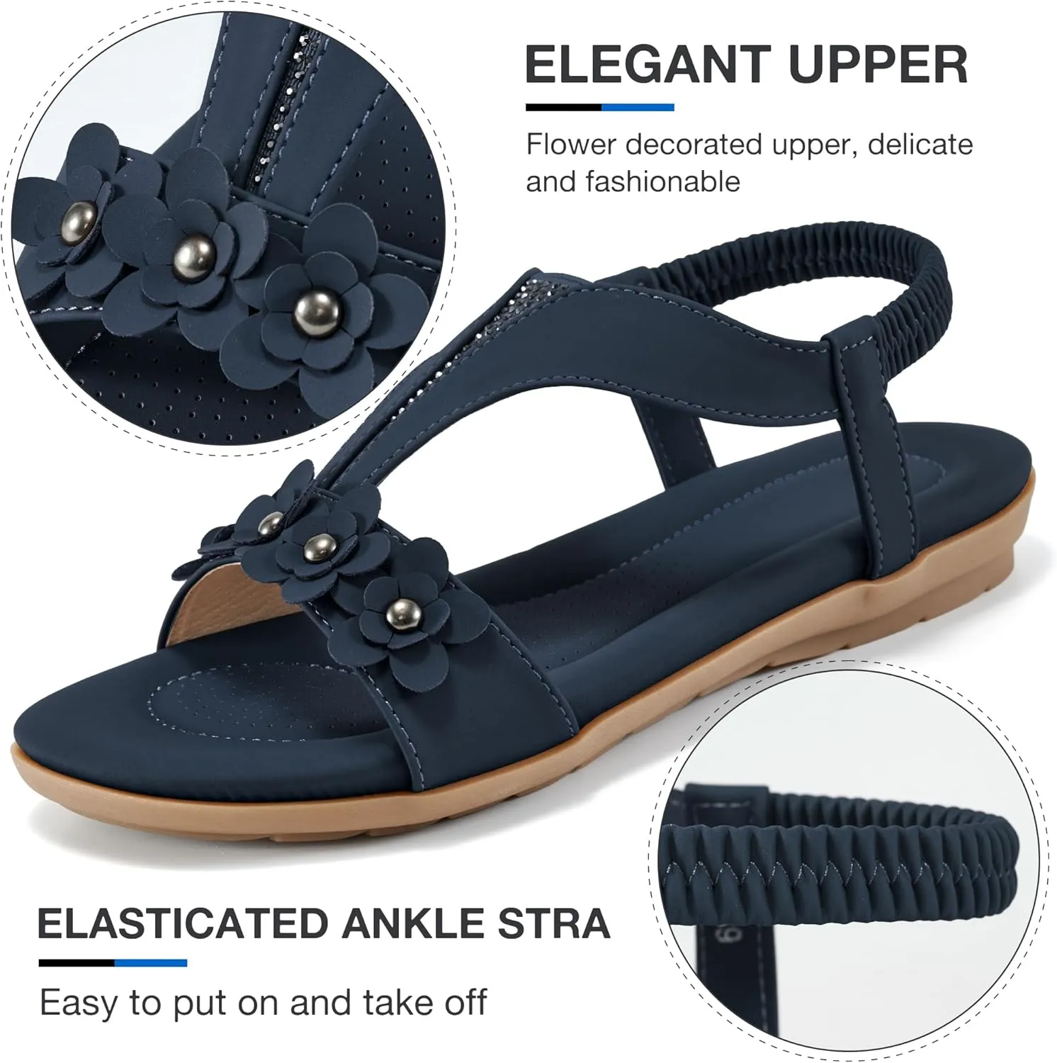 Womens Sandals Dressy Flats: Elastic Ankle Strap Comfortable Sandals for Women Open Toe Summer Walking Beach Flat