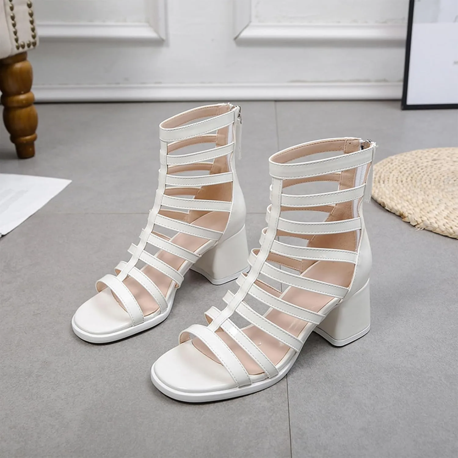 Women's Sexy Patent Leather Open Toe High Top Chunky Heel Roman Sandals Comfortable Breathable Fashion Hollow Back Zipper Dressy Mid Heel Fisherman Sandals