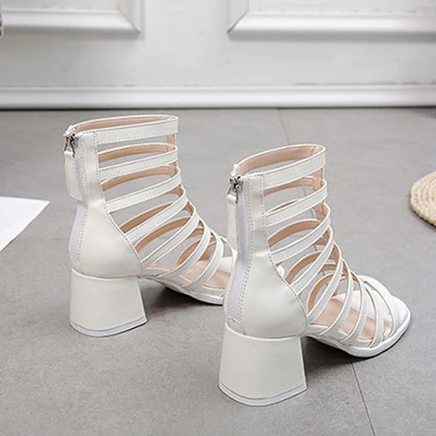 Women's Sexy Patent Leather Open Toe High Top Chunky Heel Roman Sandals Comfortable Breathable Fashion Hollow Back Zipper Dressy Mid Heel Fisherman Sandals
