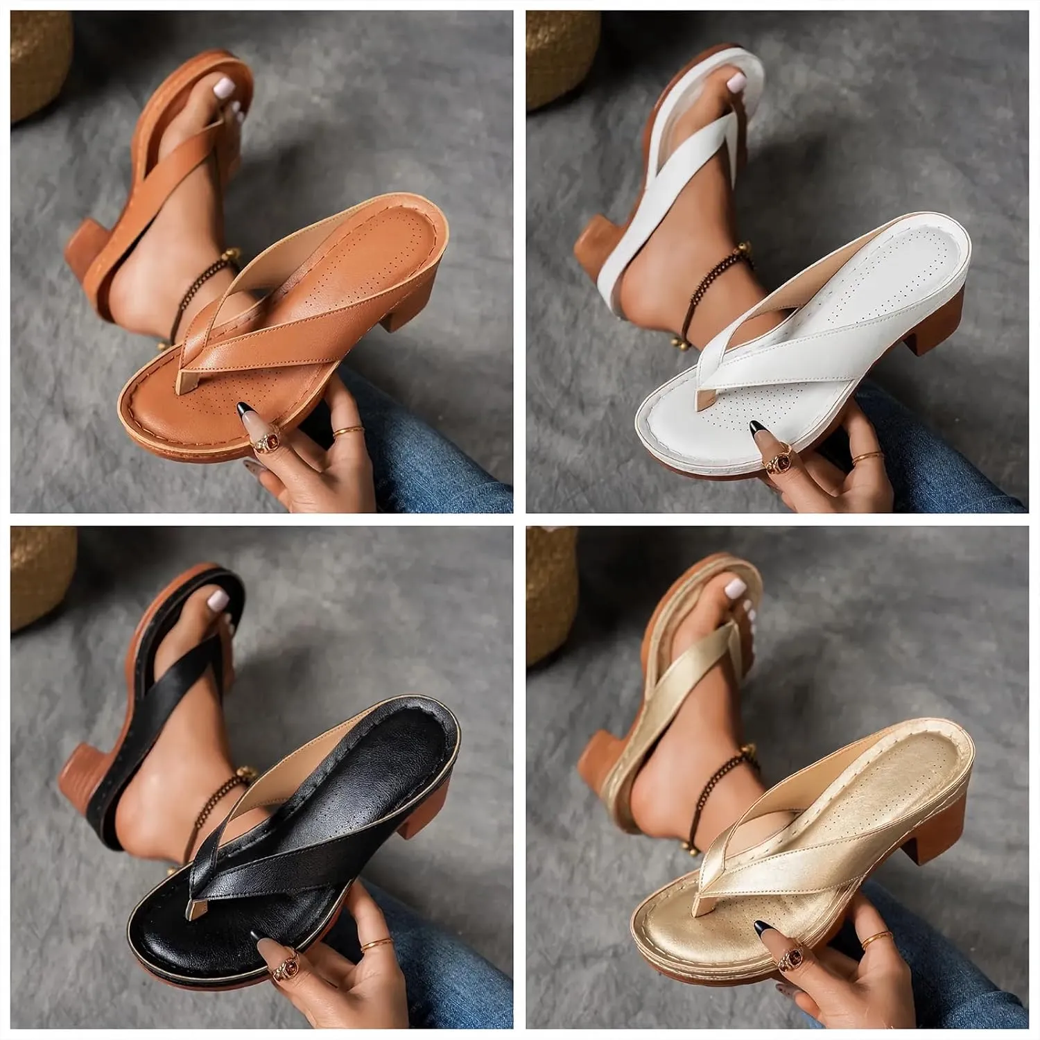 Women's Solid Color Summer Chunky Heel Sandals Slip on Open Toe Square Toe Comfortable Heeled Sandals Mules for Women Heels Womens Shoes Wedges for Long Walk Casual Shoes Dressy