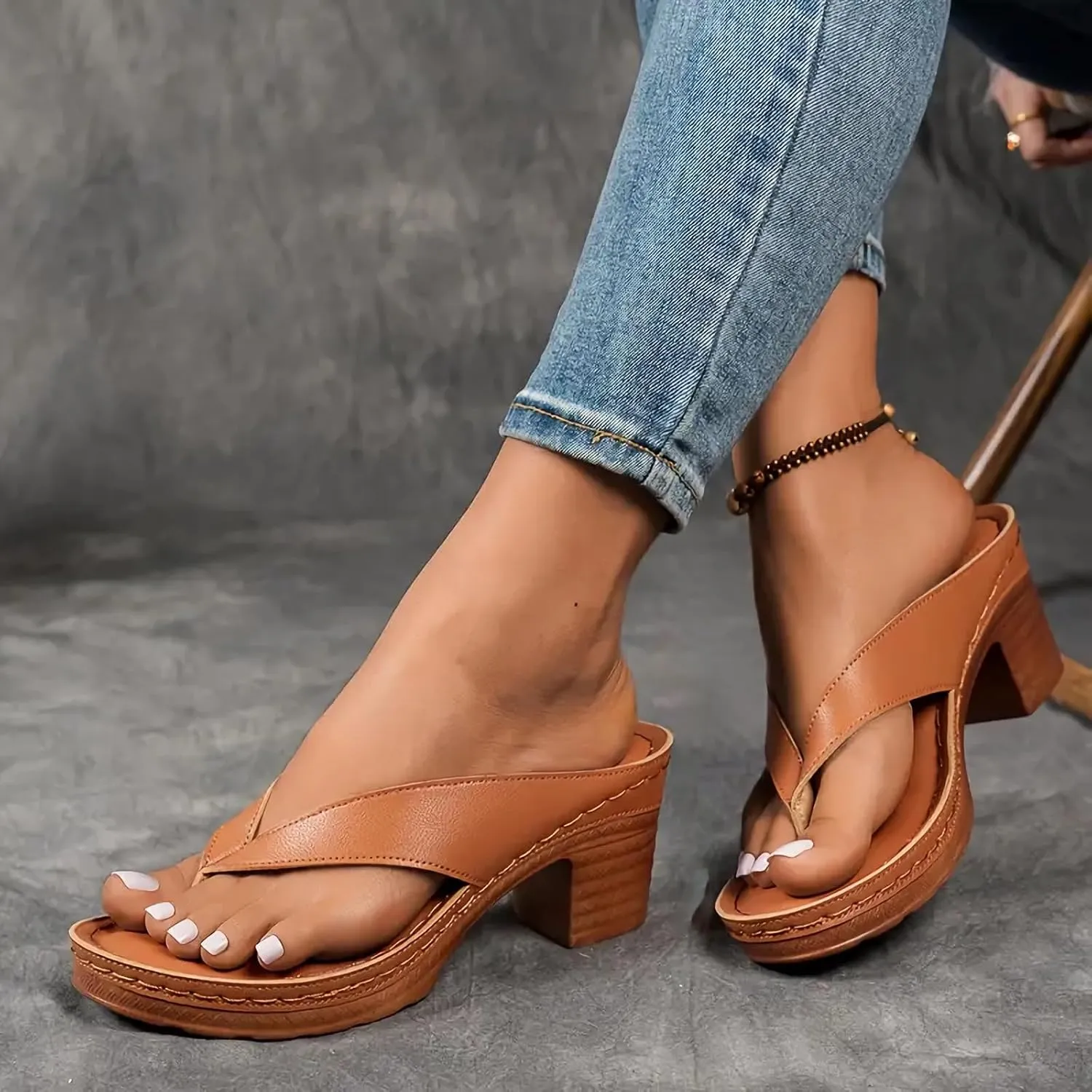Women's Solid Color Summer Chunky Heel Sandals Slip on Open Toe Square Toe Comfortable Heeled Sandals Mules for Women Heels Womens Shoes Wedges for Long Walk Casual Shoes Dressy