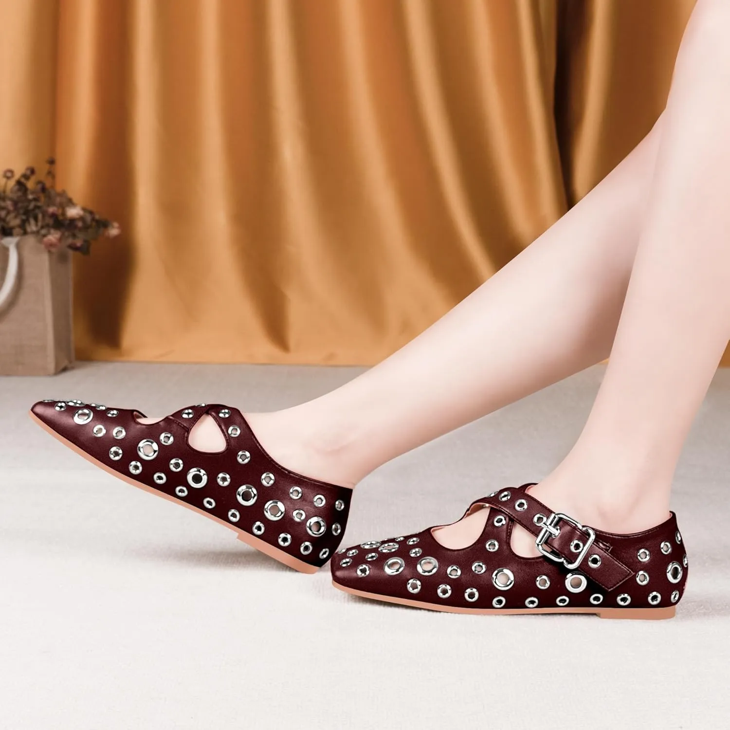 Women's Square Toe Ballet Flats Studded Grommet Cross Buckle Mary Jane Shoes