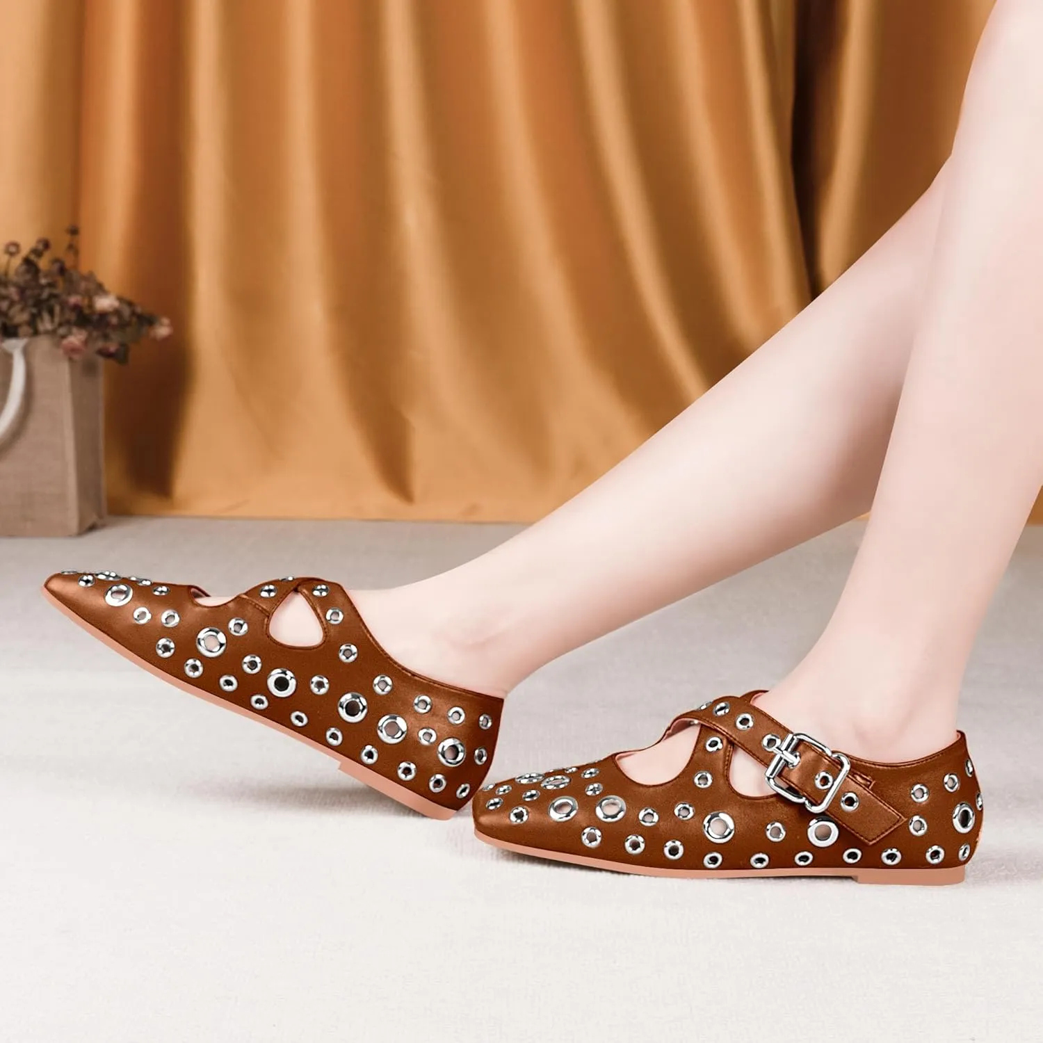 Women's Square Toe Ballet Flats Studded Grommet Cross Buckle Mary Jane Shoes