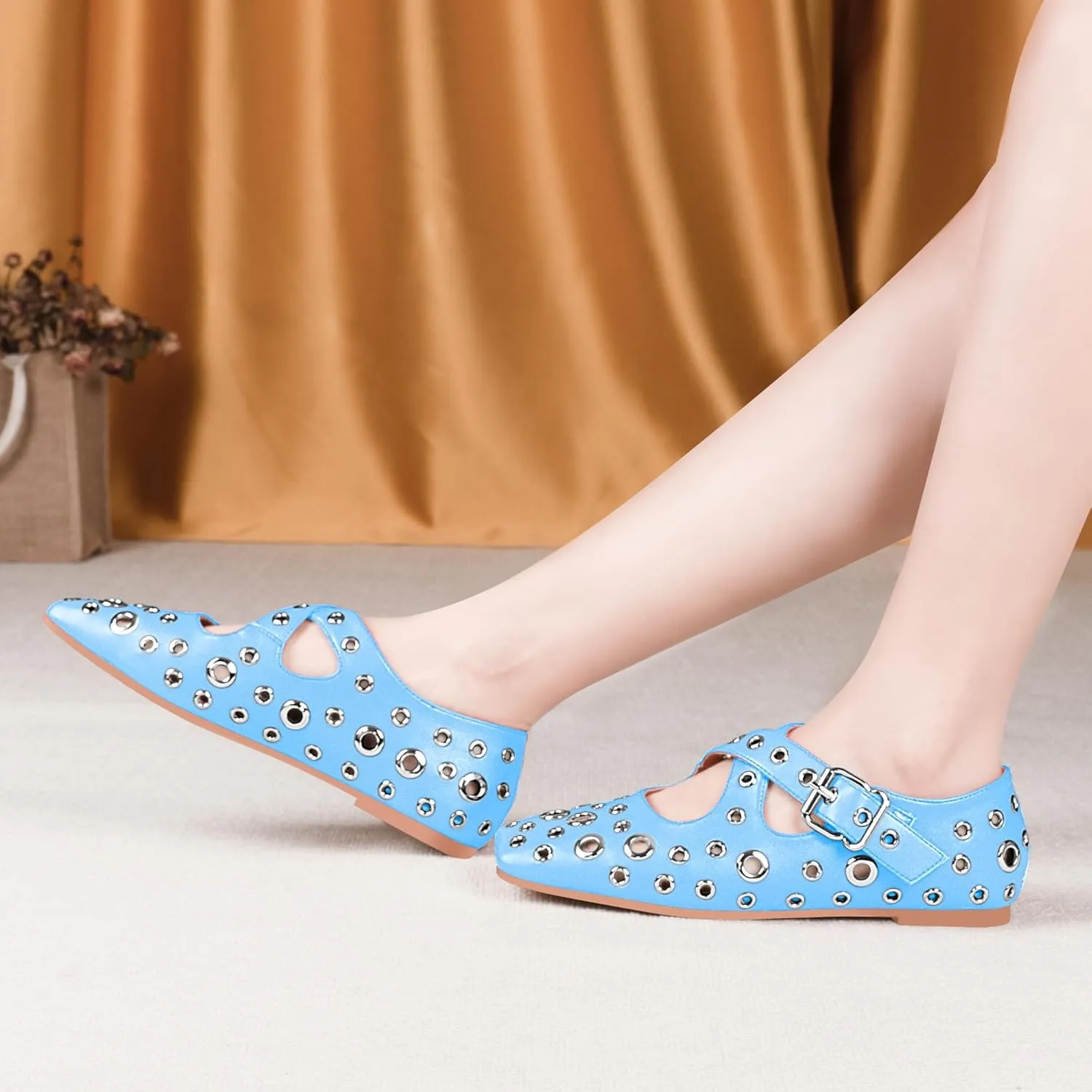 Women's Square Toe Ballet Flats Studded Grommet Cross Buckle Mary Jane Shoes