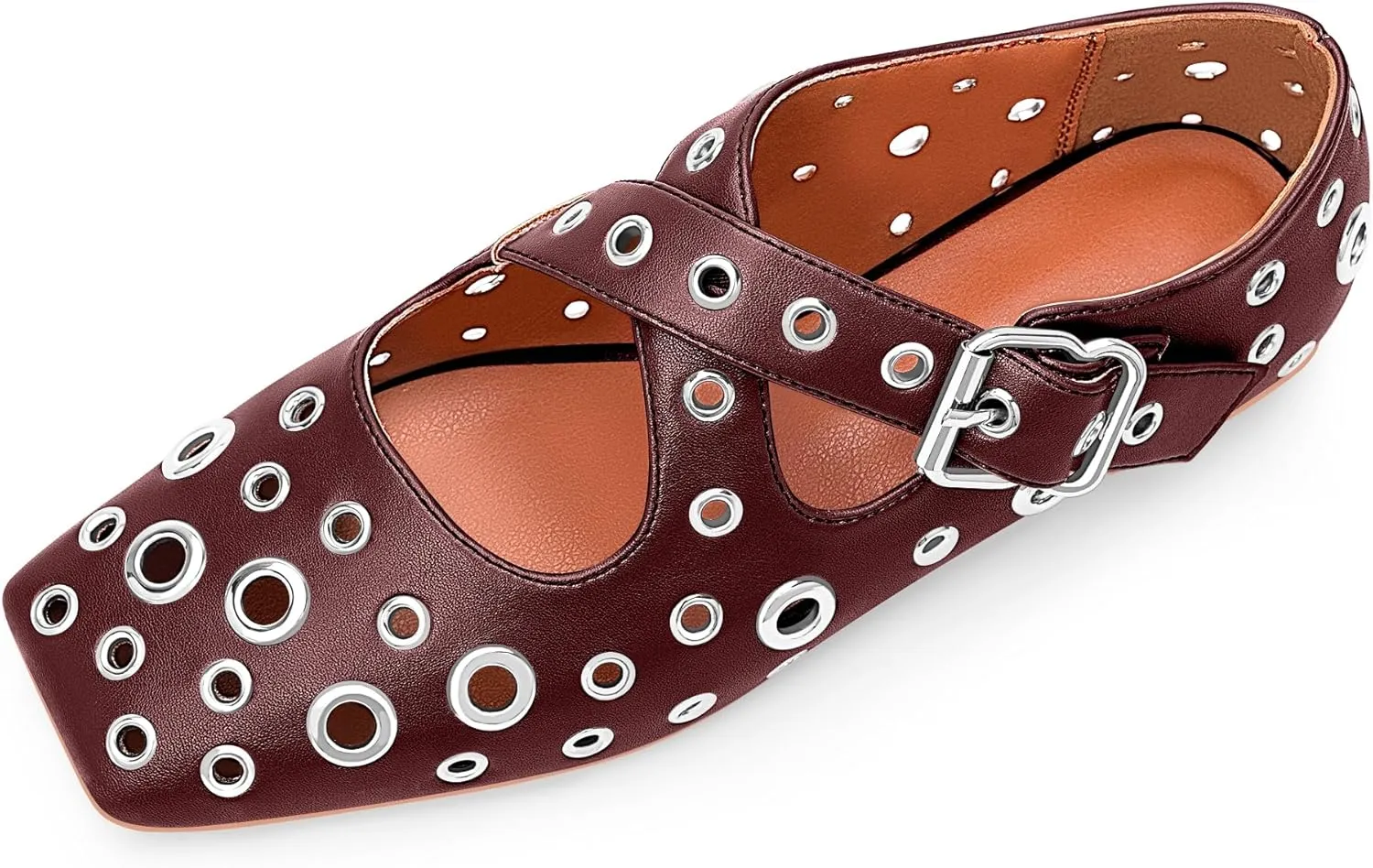 Women's Square Toe Ballet Flats Studded Grommet Cross Buckle Mary Jane Shoes