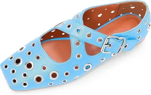 Women's Square Toe Ballet Flats Studded Grommet Cross Buckle Mary Jane Shoes