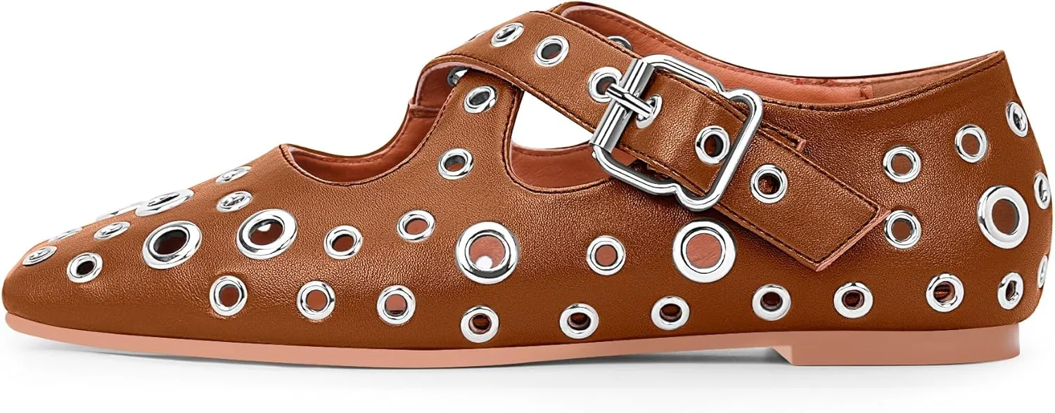 Women's Square Toe Ballet Flats Studded Grommet Cross Buckle Mary Jane Shoes