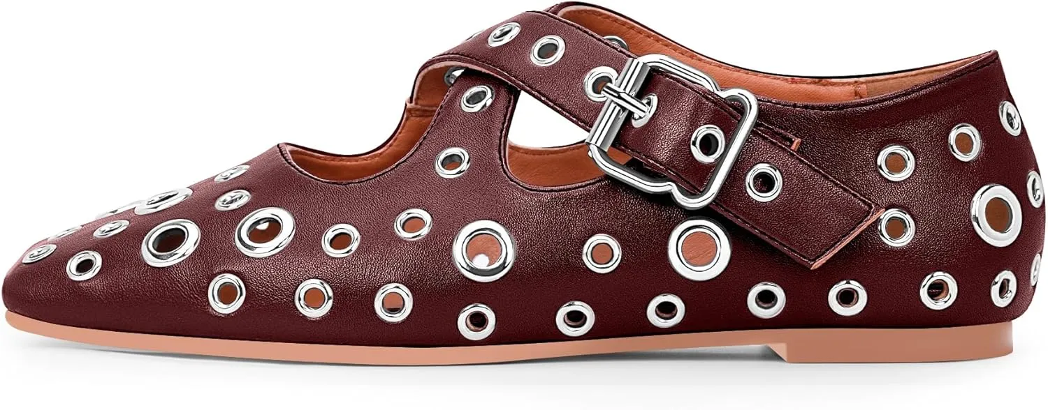 Women's Square Toe Ballet Flats Studded Grommet Cross Buckle Mary Jane Shoes