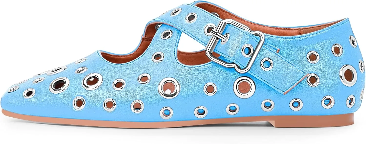 Women's Square Toe Ballet Flats Studded Grommet Cross Buckle Mary Jane Shoes