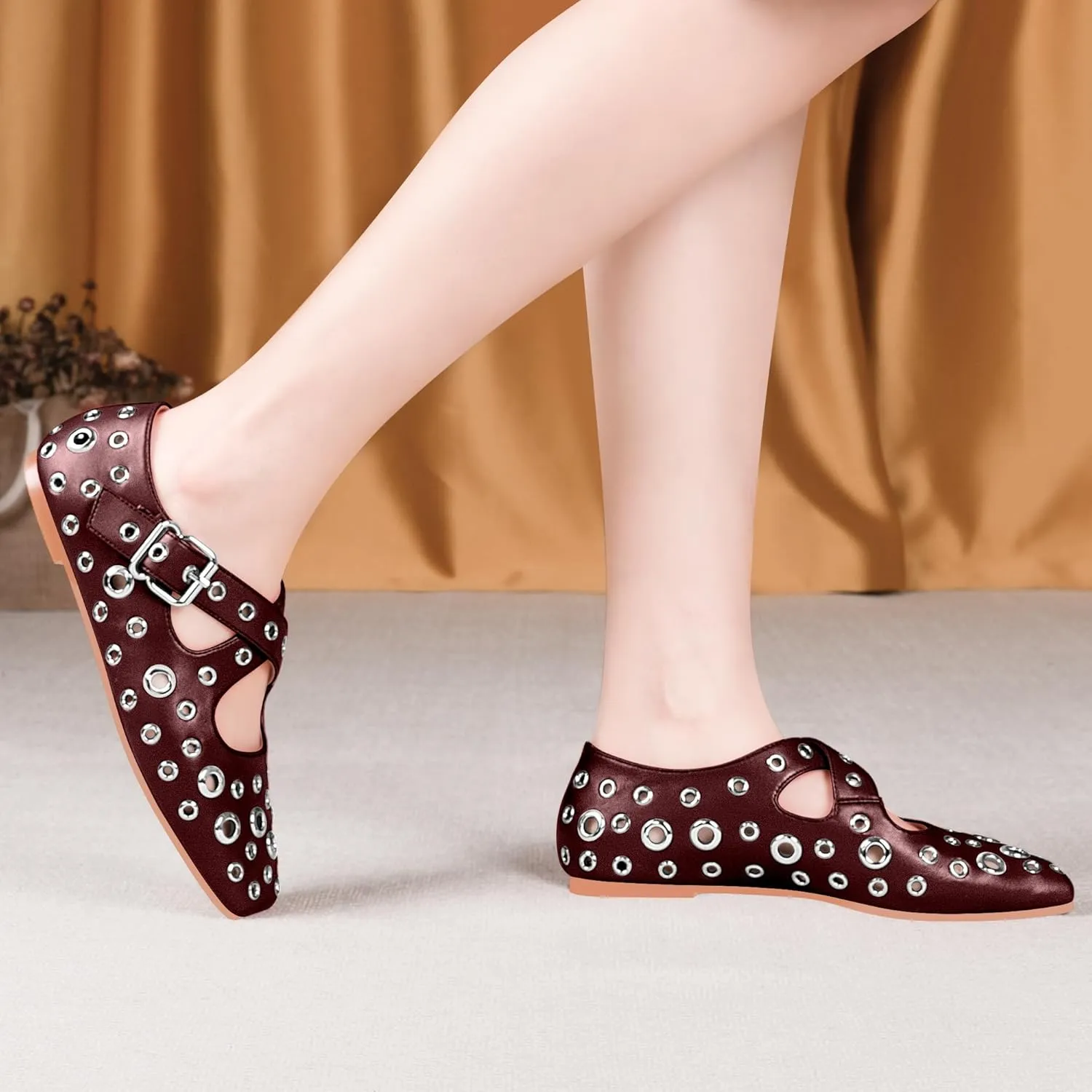 Women's Square Toe Ballet Flats Studded Grommet Cross Buckle Mary Jane Shoes