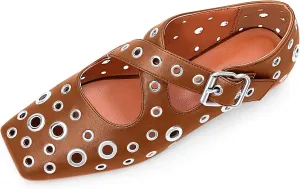 Women's Square Toe Ballet Flats Studded Grommet Cross Buckle Mary Jane Shoes