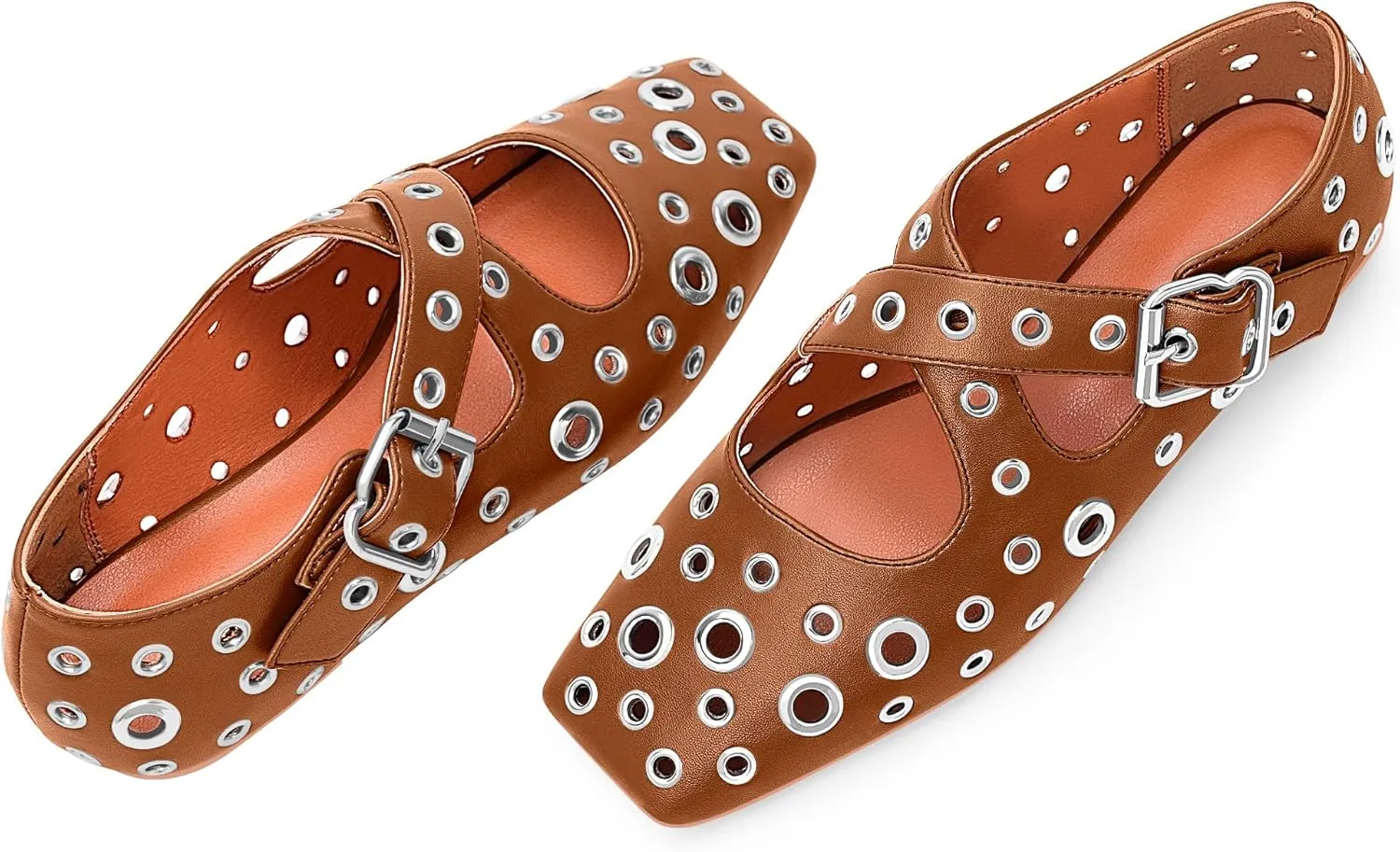 Women's Square Toe Ballet Flats Studded Grommet Cross Buckle Mary Jane Shoes