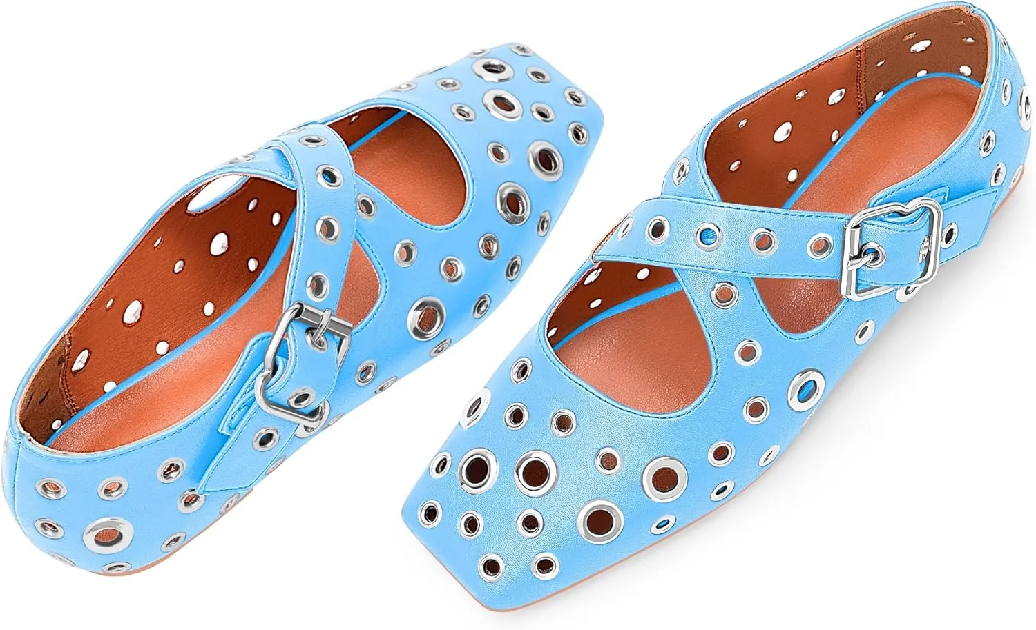 Women's Square Toe Ballet Flats Studded Grommet Cross Buckle Mary Jane Shoes