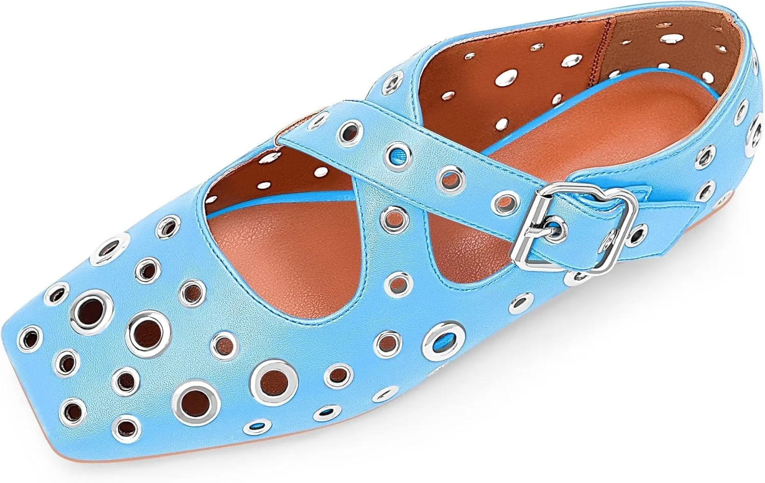 Women's Square Toe Ballet Flats Studded Grommet Cross Buckle Mary Jane Shoes