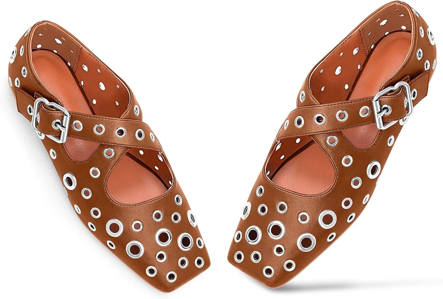 Women's Square Toe Ballet Flats Studded Grommet Cross Buckle Mary Jane Shoes