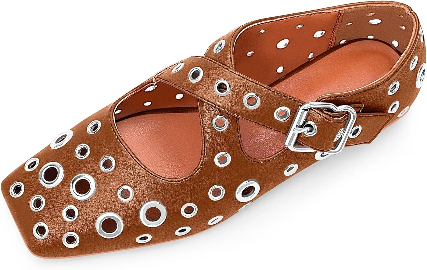 Women's Square Toe Ballet Flats Studded Grommet Cross Buckle Mary Jane Shoes