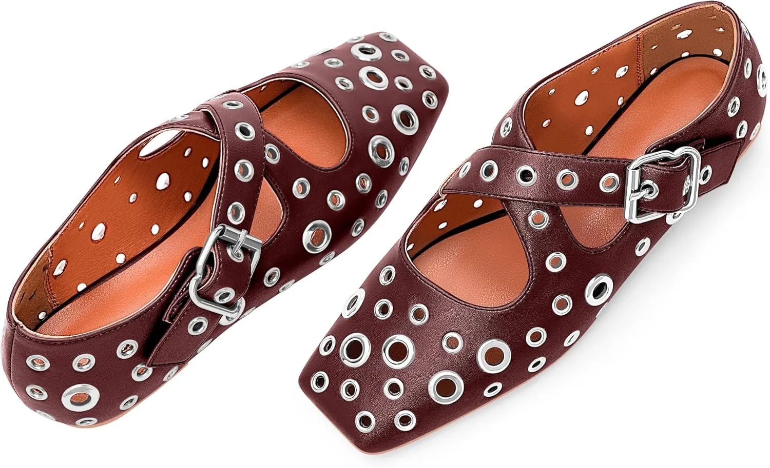Women's Square Toe Ballet Flats Studded Grommet Cross Buckle Mary Jane Shoes
